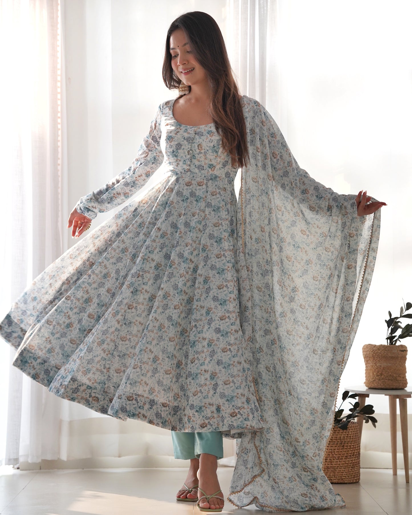 Sky Blue Color Floral Printed Anarkali Suit