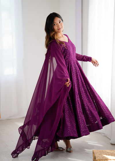 Purple Color Embroidery Work Anarkali Suit For Women