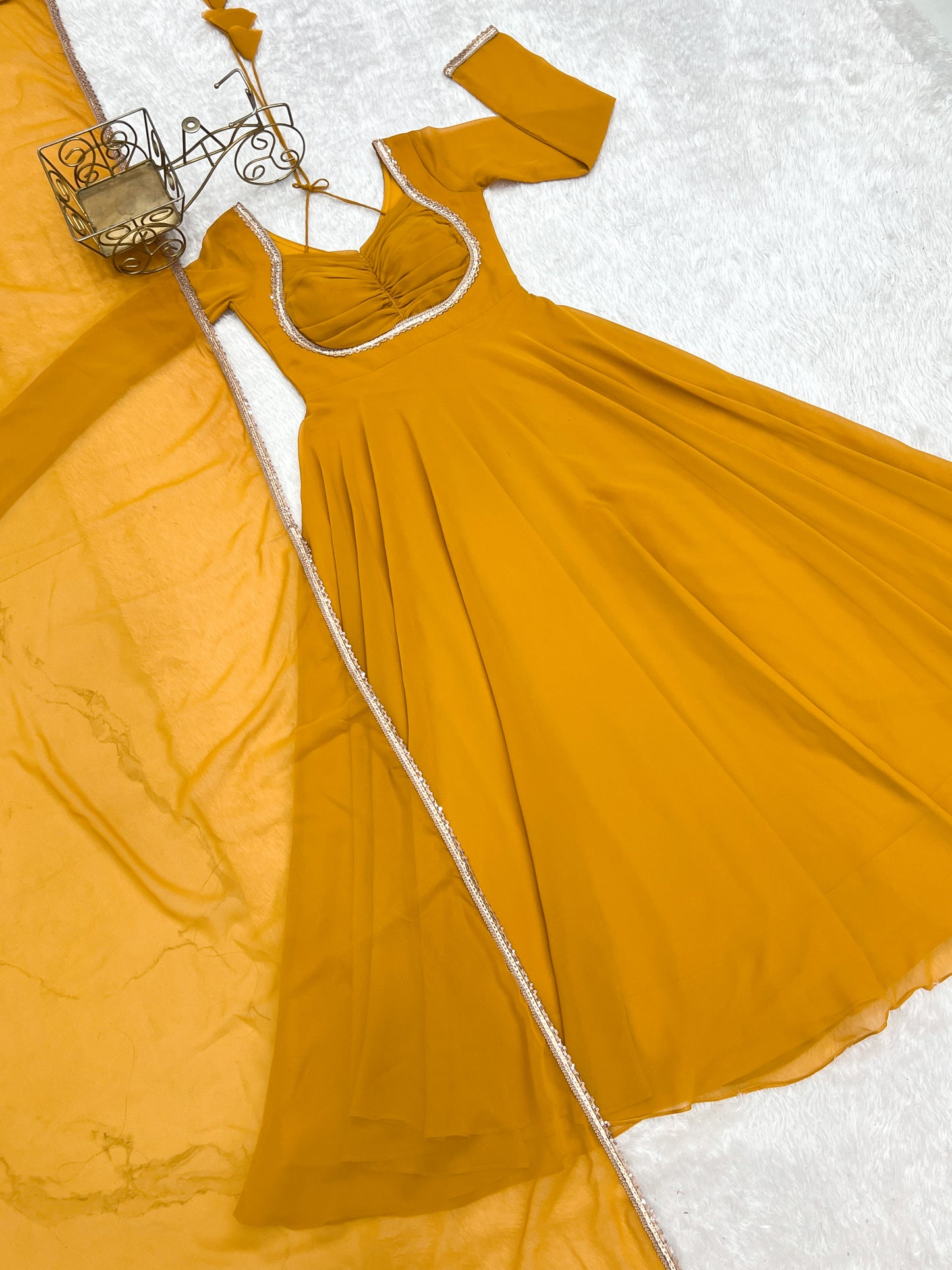 Haldi Function Wear Faux Georgette Long Gown With Dupatta