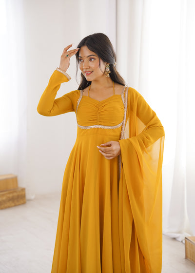 Haldi Function Wear Faux Georgette Long Gown With Dupatta