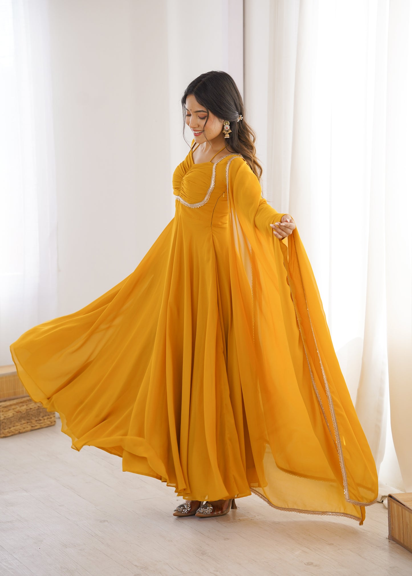 Haldi Function Wear Faux Georgette Long Gown With Dupatta