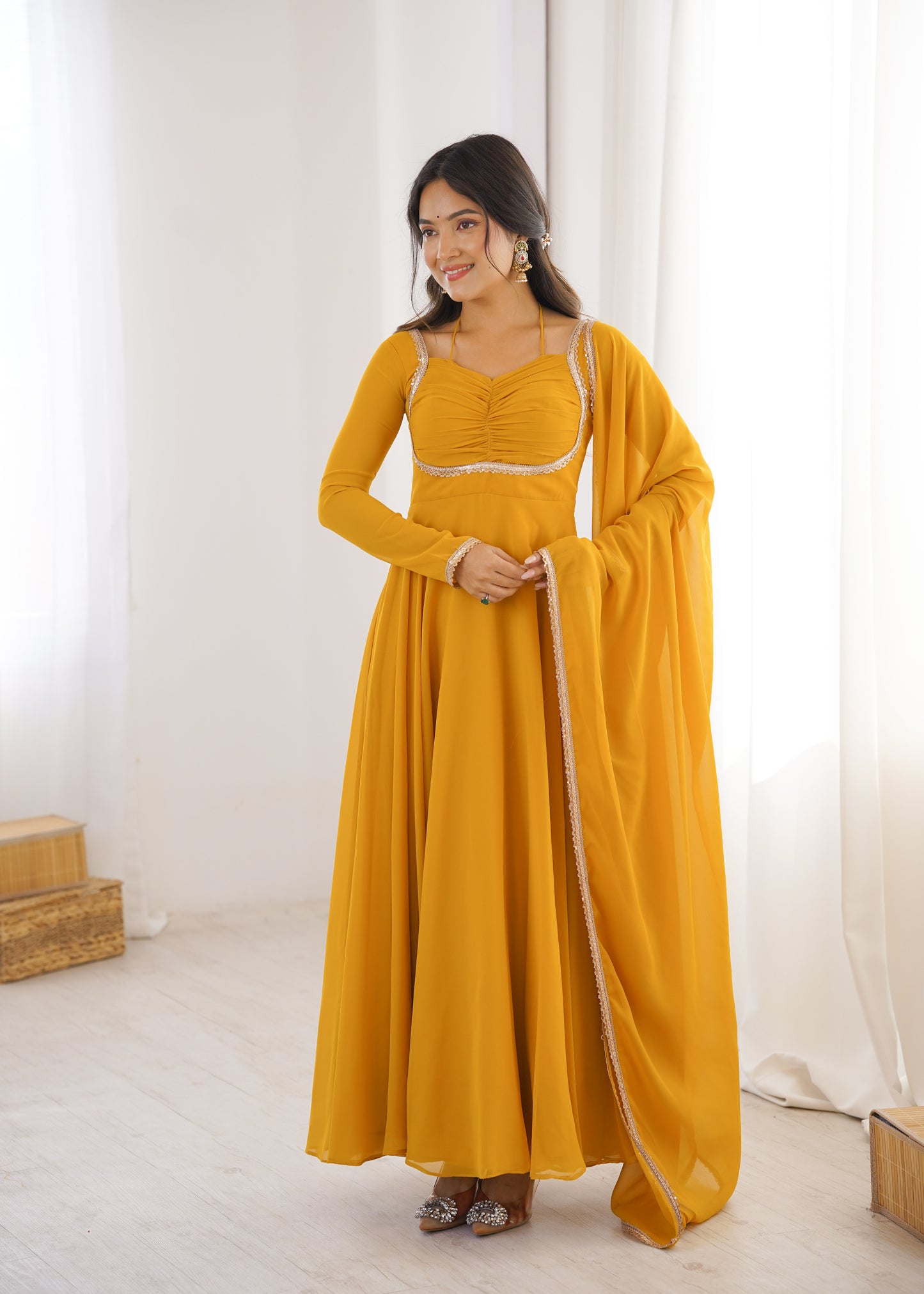 Haldi Function Wear Faux Georgette Long Gown With Dupatta