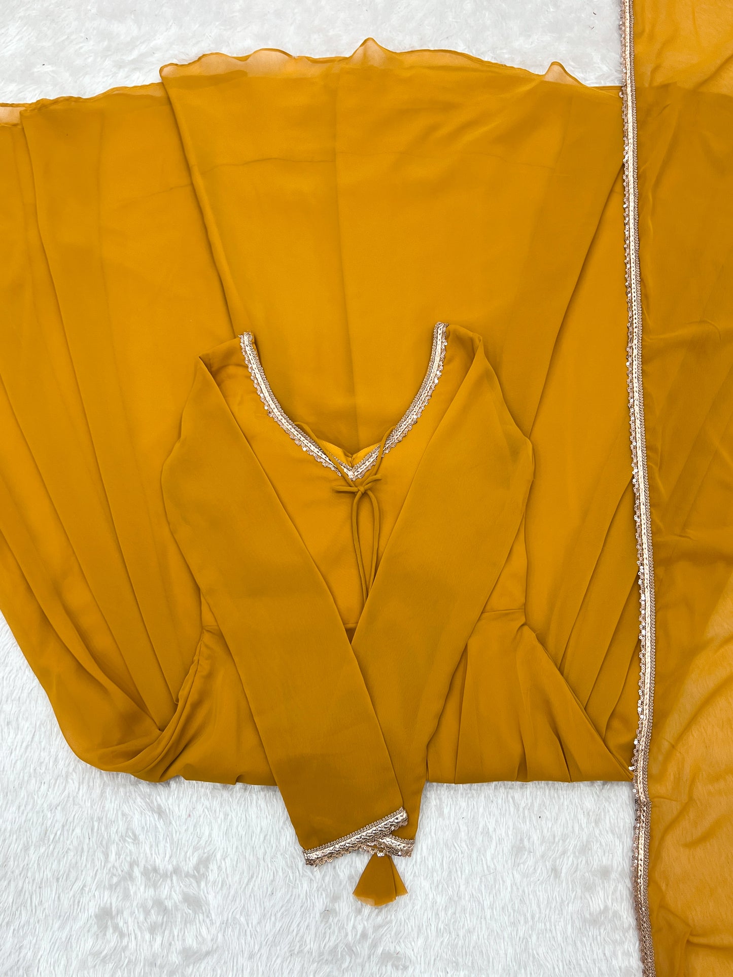 Haldi Function Wear Faux Georgette Long Gown With Dupatta