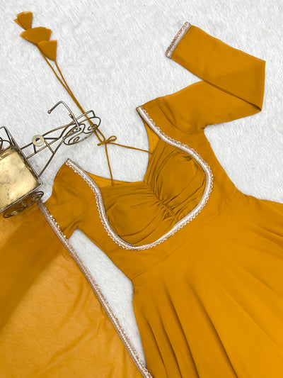 Haldi Function Wear Faux Georgette Long Gown With Dupatta