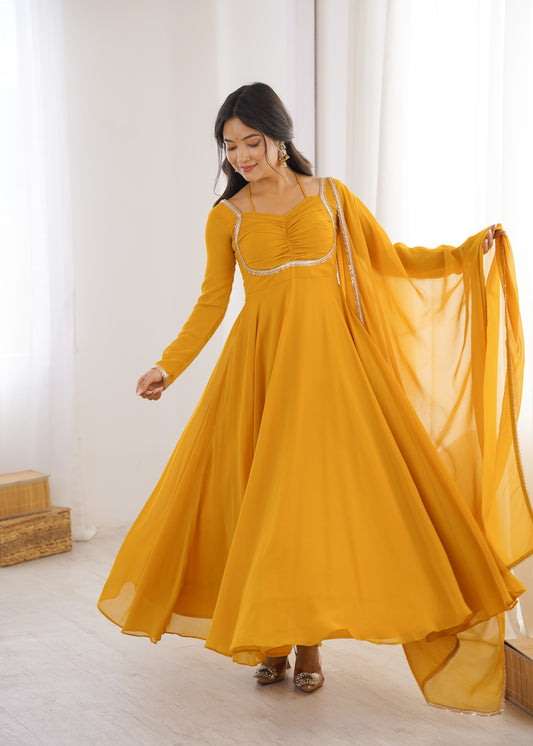 Haldi Function Wear Faux Georgette Long Gown With Dupatta