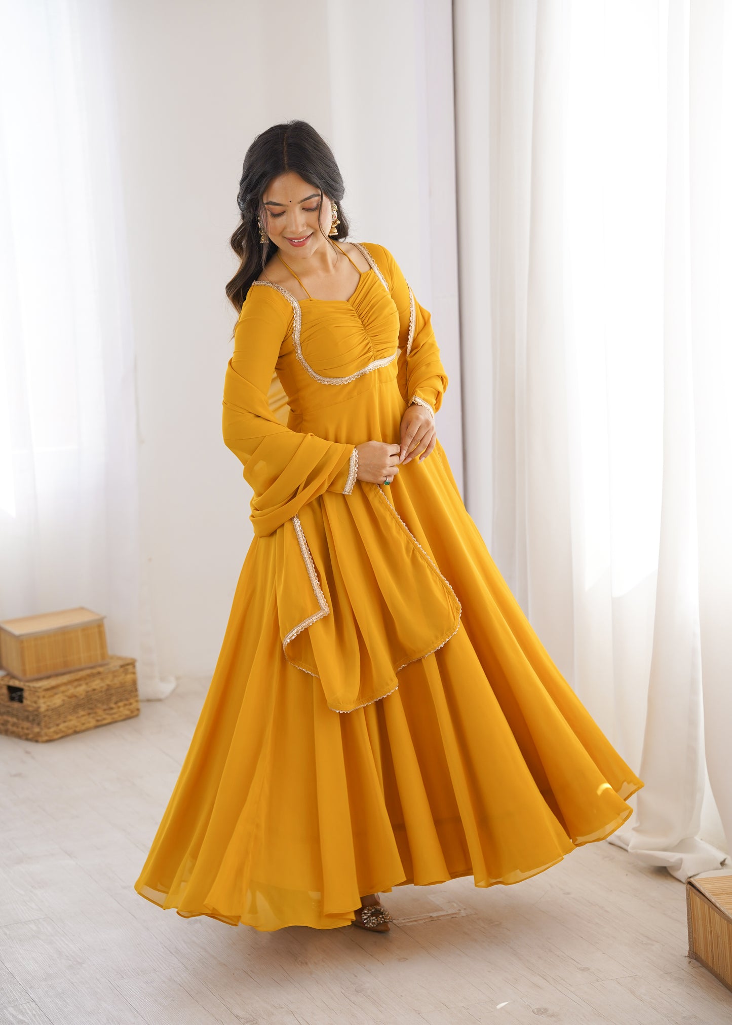 Haldi Function Wear Faux Georgette Long Gown With Dupatta