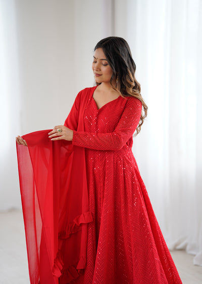 Red Color Georgette With Embroidery With Sequence Work Anarkali Suit