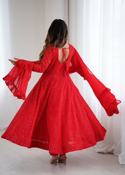 Red Color Georgette With Embroidery With Sequence Work Anarkali Suit