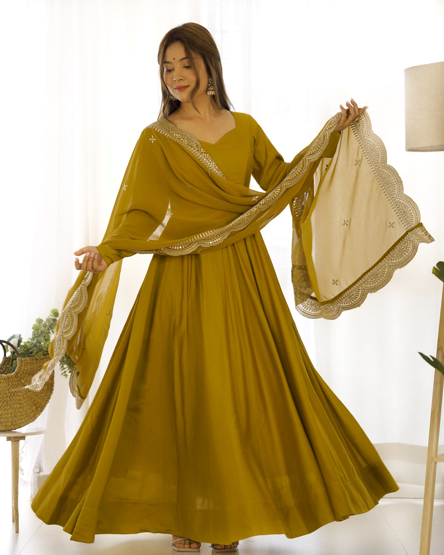 Mahendi Function Wear Designer Gown With Dupatta