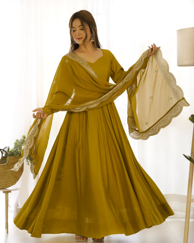 Mahendi Function Wear Designer Gown With Dupatta