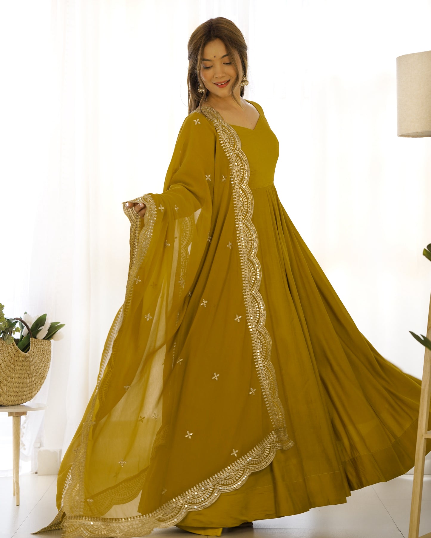 Mahendi Function Wear Designer Gown With Dupatta