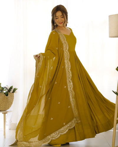 Mahendi Function Wear Designer Gown With Dupatta