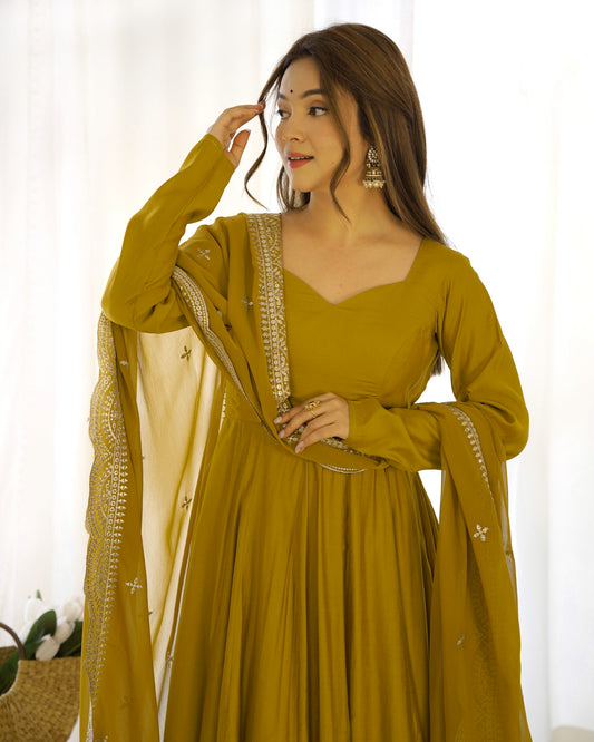 Mahendi Function Wear Designer Gown With Dupatta