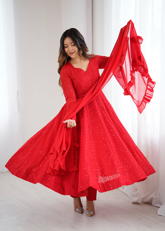 Red Color Georgette With Embroidery With Sequence Work Anarkali Suit