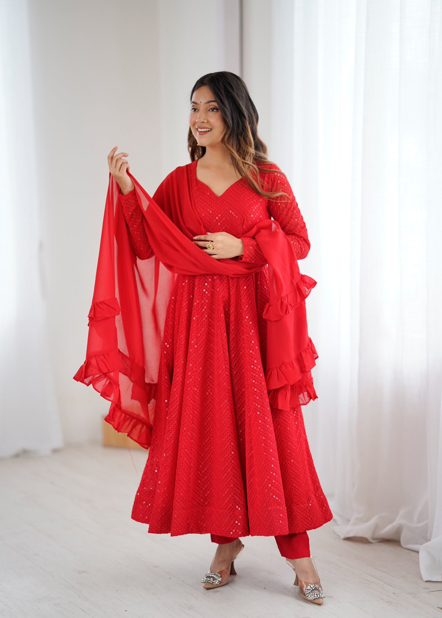 Red Color Georgette With Embroidery With Sequence Work Anarkali Suit