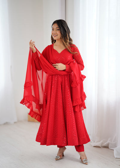 Red Color Georgette With Embroidery With Sequence Work Anarkali Suit