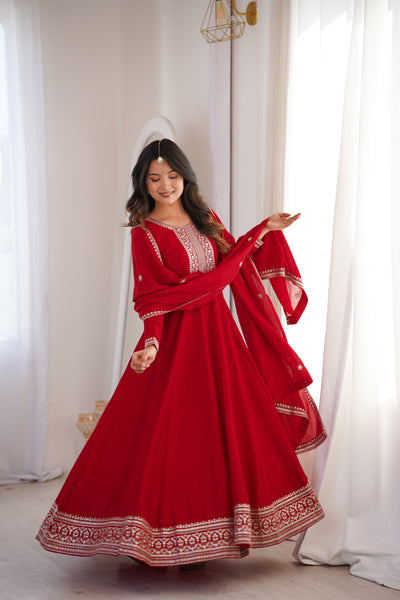 Beautiful Red Color Sequence Work Long Gown With Heavy Dupatta