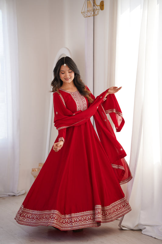 Beautiful Red Color Sequence Work Long Gown With Heavy Dupatta