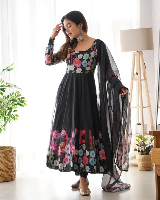Black Color Georgette With Digital Printed Long Anarkali Suit