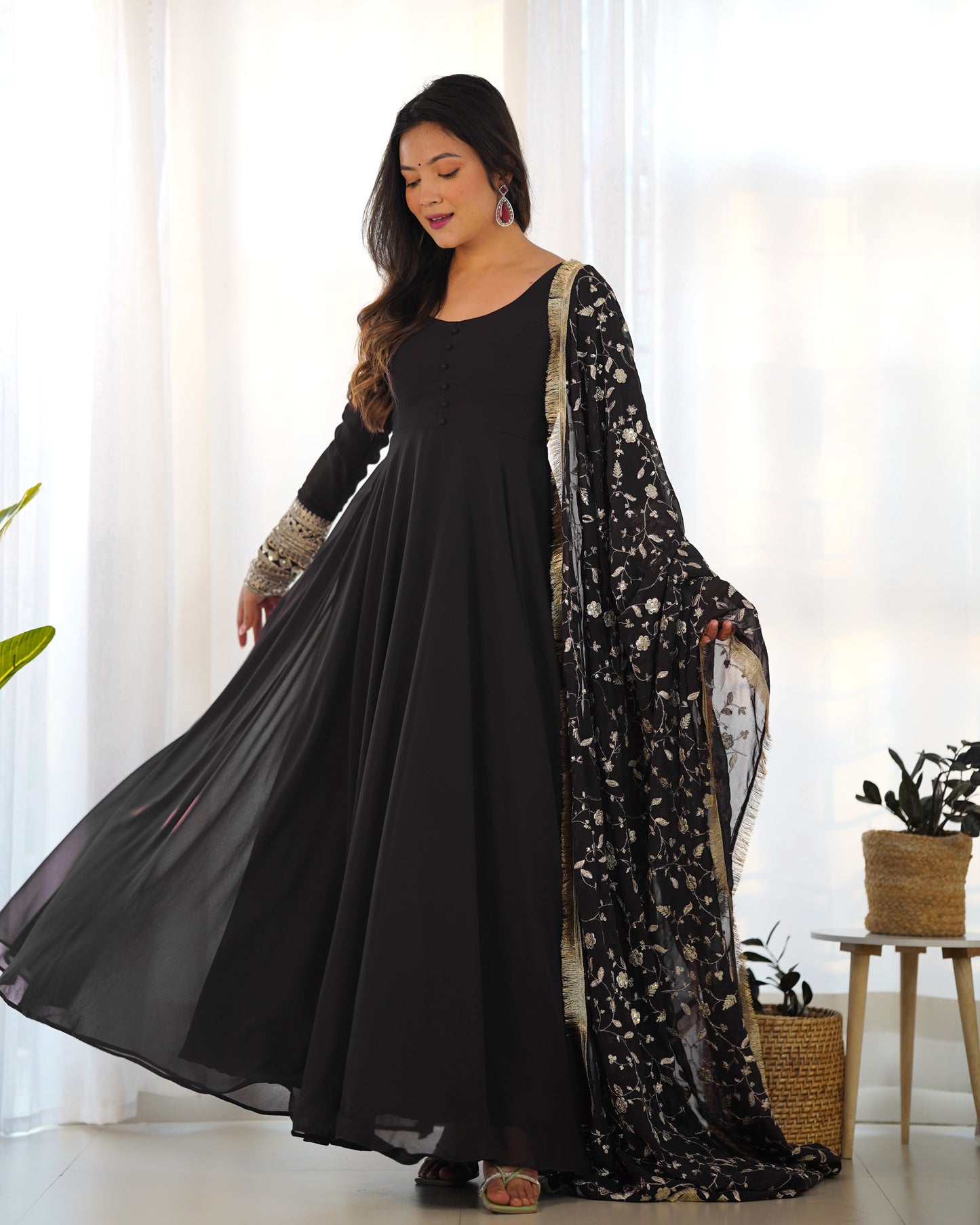 Festive Wear Black Color Embroidery With Sequence Work Gown With Dupatta