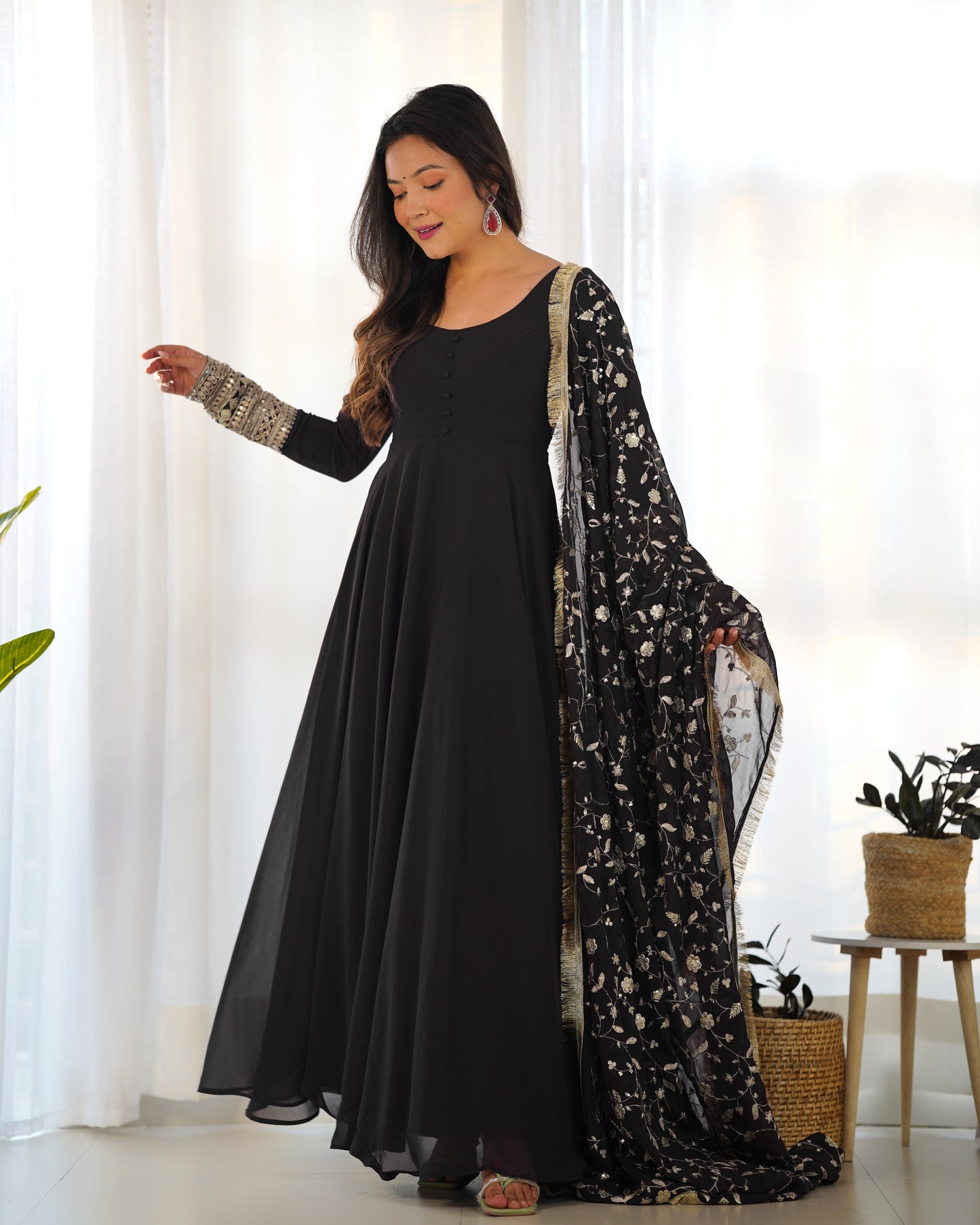 Festive Wear Black Color Embroidery With Sequence Work Gown With Dupatta