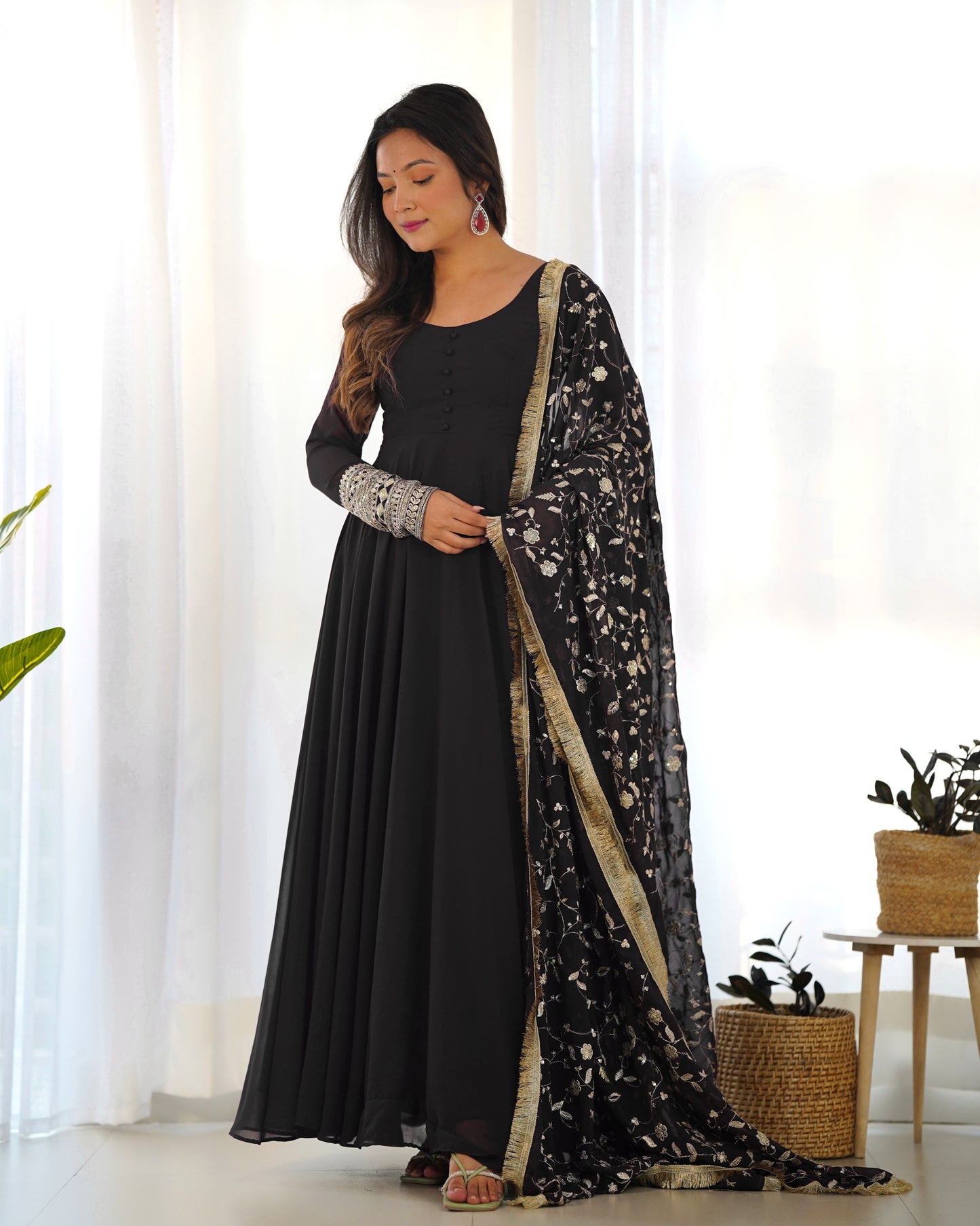 Festive Wear Black Color Embroidery With Sequence Work Gown With Dupatta