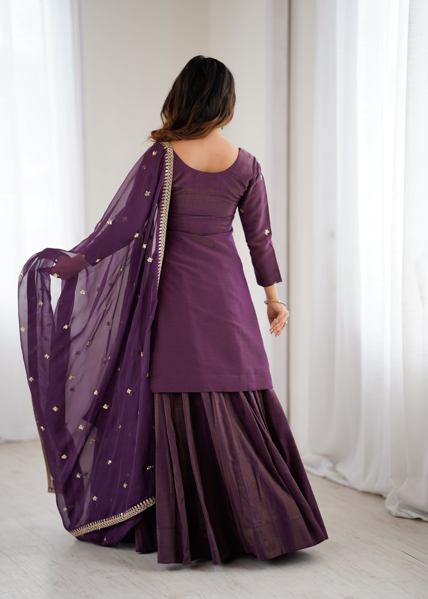 Wine Color Roman Silk With Sequence And Embroidery Work Sharara Suit