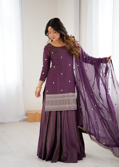 Wine Color Roman Silk With Sequence And Embroidery Work Sharara Suit