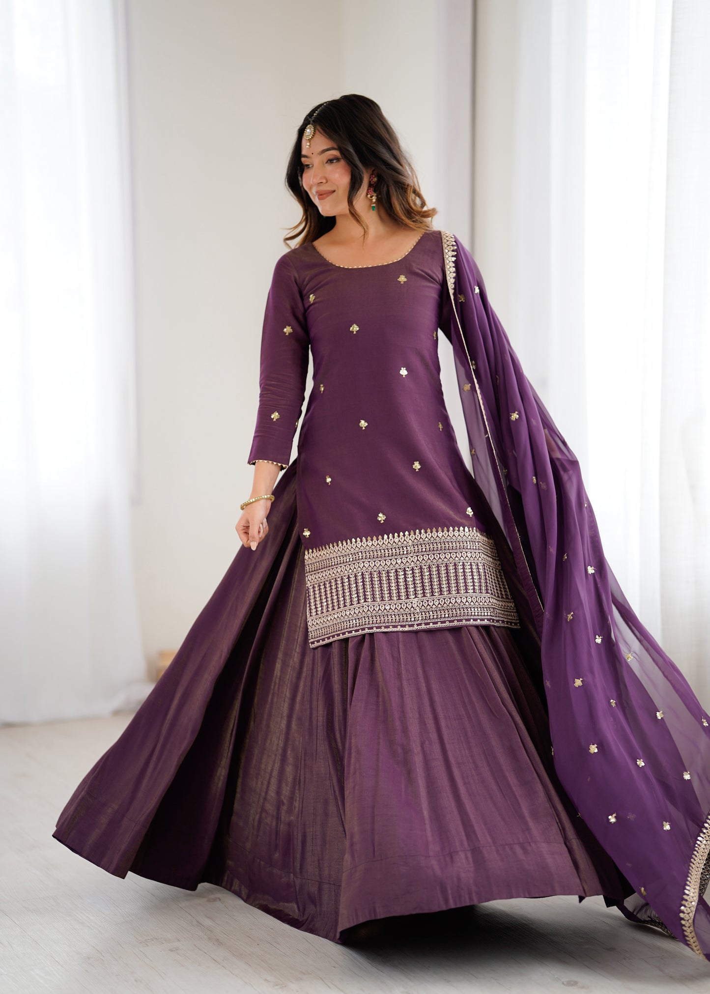 Wine Color Roman Silk With Sequence And Embroidery Work Sharara Suit