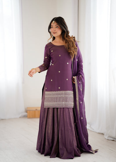 Wine Color Roman Silk With Sequence And Embroidery Work Sharara Suit
