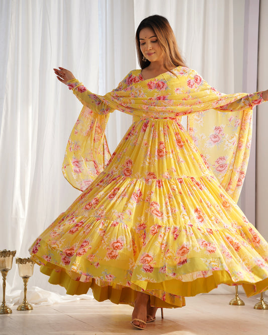 Yellow Color Soft Organza Silk With Printed Anarkali Suit
