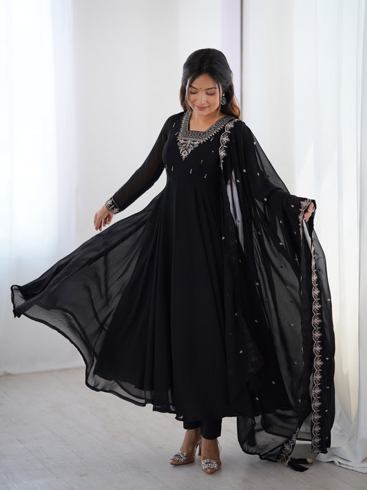 Festive Wear Black Color Georgette With Embroidery Work Anarkali Suit
