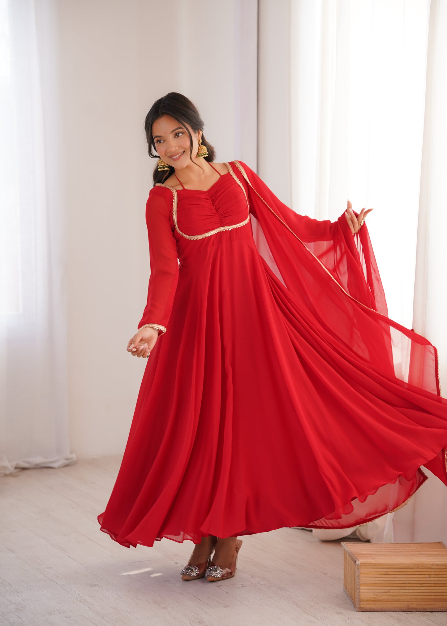 Beautiful Red Color Georgette Wear Long Gown With Dupatta For Festive
