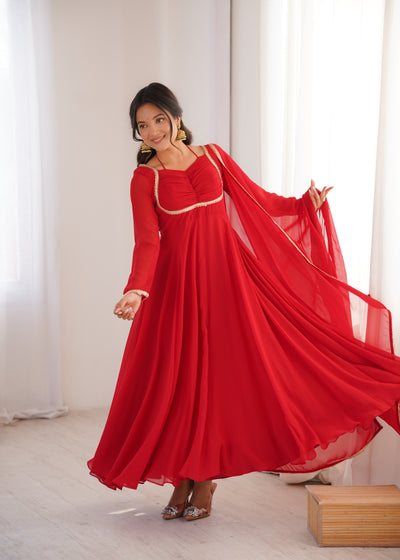 Beautiful Red Color Georgette Wear Long Gown With Dupatta For Festive