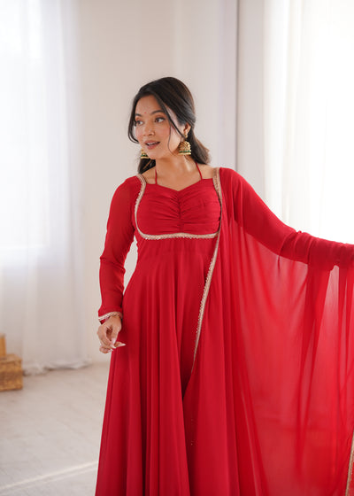 Beautiful Red Color Georgette Wear Long Gown With Dupatta For Festive