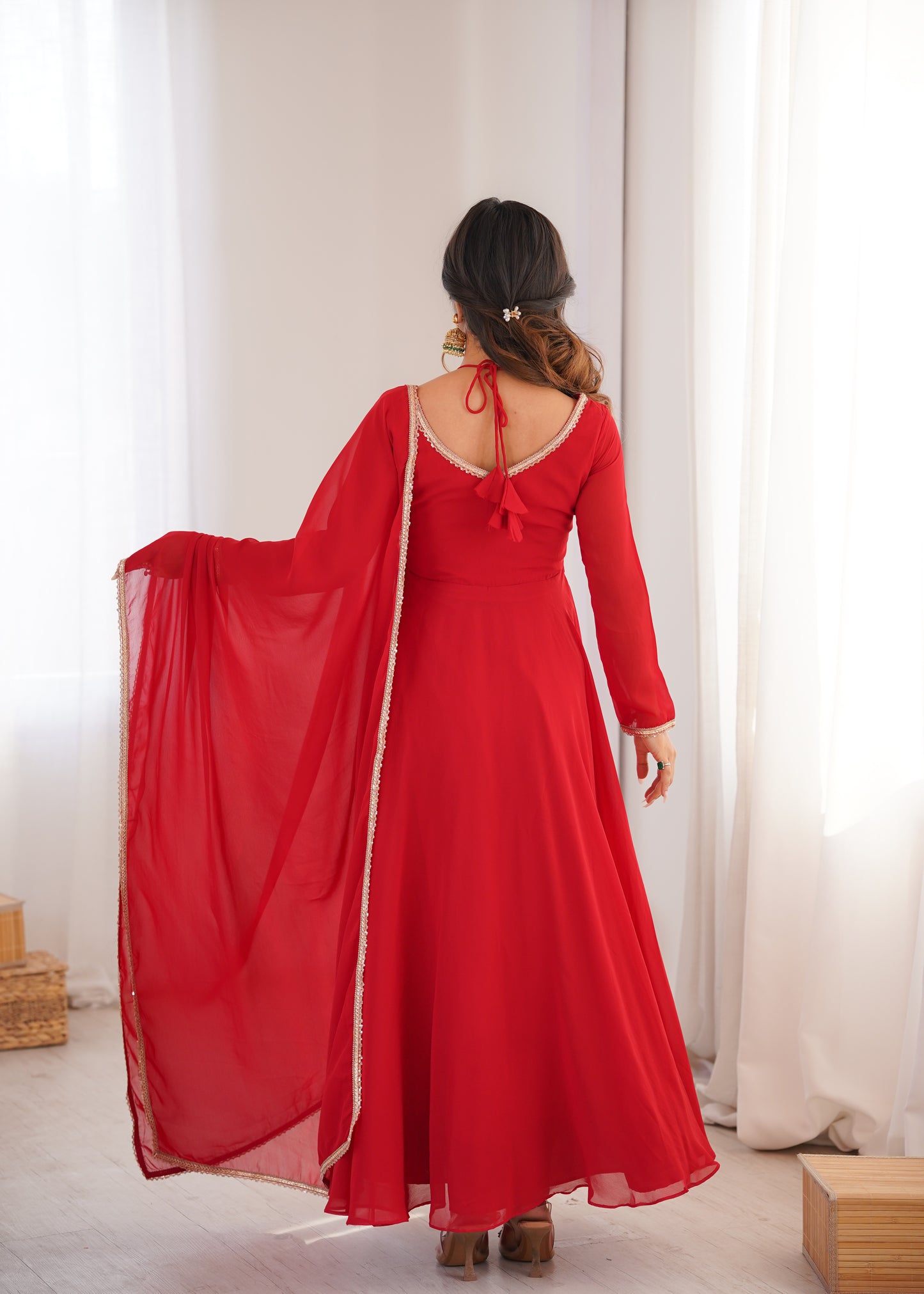 Beautiful Red Color Georgette Wear Long Gown With Dupatta For Festive