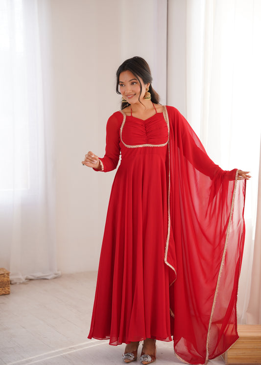 Beautiful Red Color Georgette Wear Long Gown With Dupatta For Festive