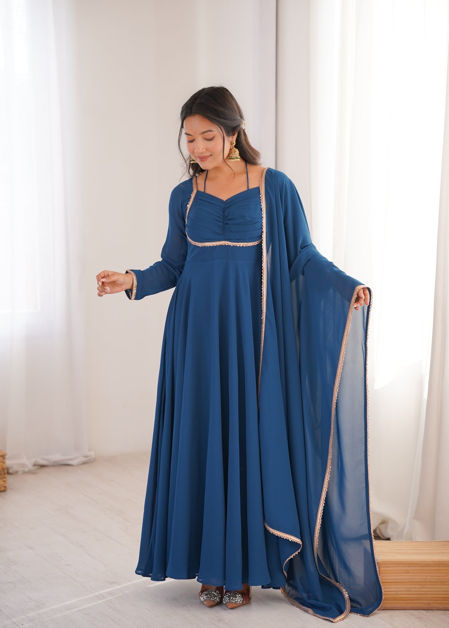 Rama Blue Color Georgette Wear Long Anarkali Gown With Dupatta