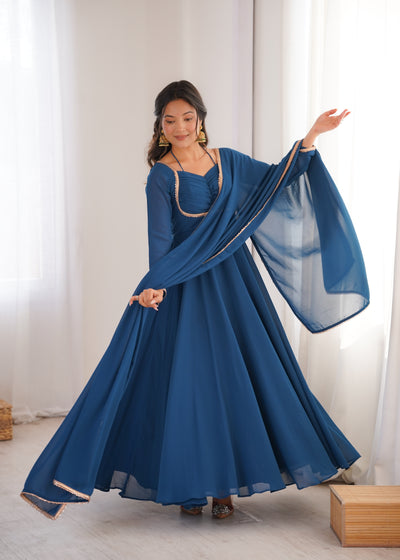 Rama Blue Color Georgette Wear Long Anarkali Gown With Dupatta