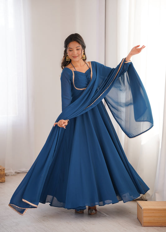 Rama Blue Color Georgette Wear Long Anarkali Gown With Dupatta
