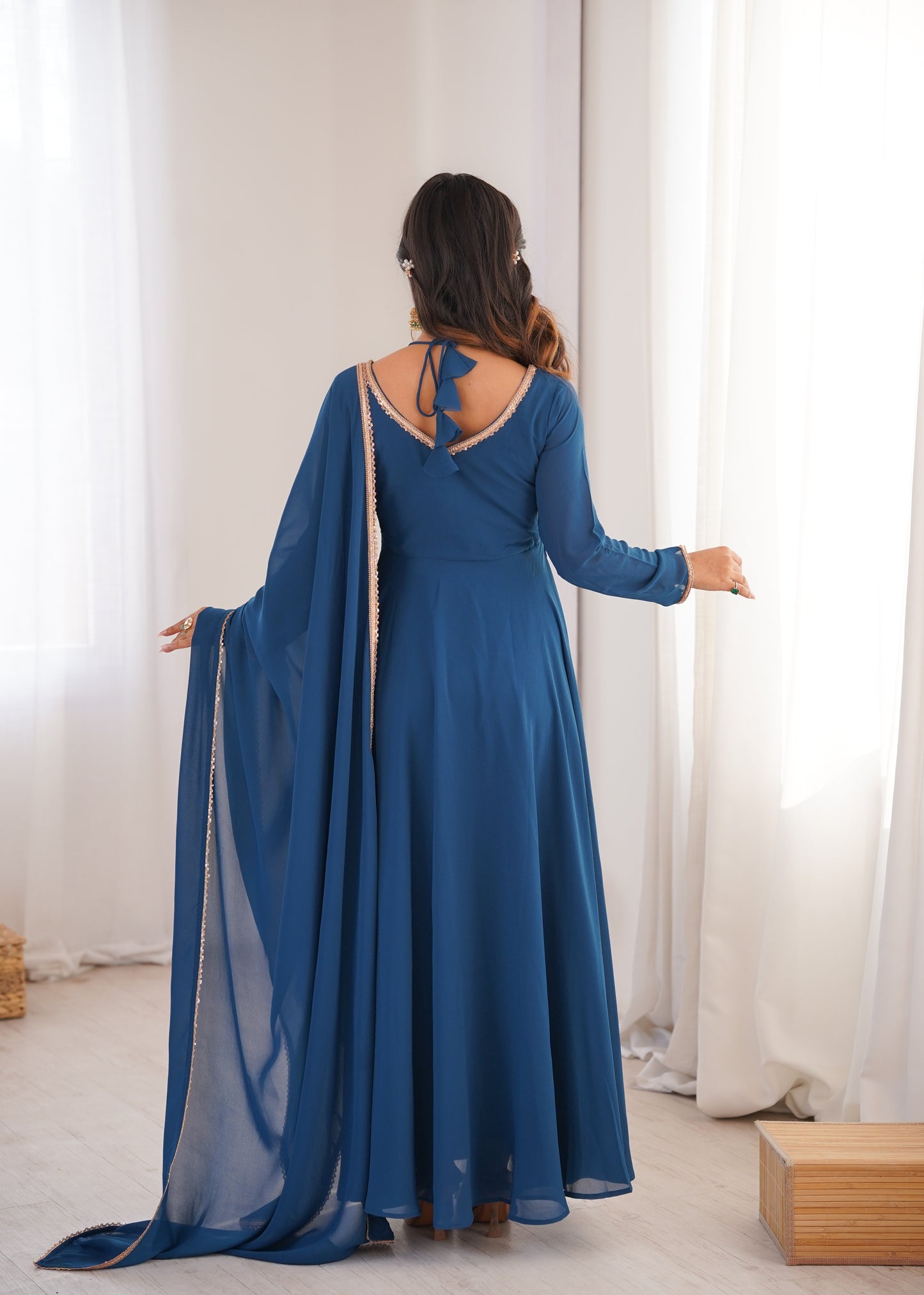 Rama Blue Color Georgette Wear Long Anarkali Gown With Dupatta