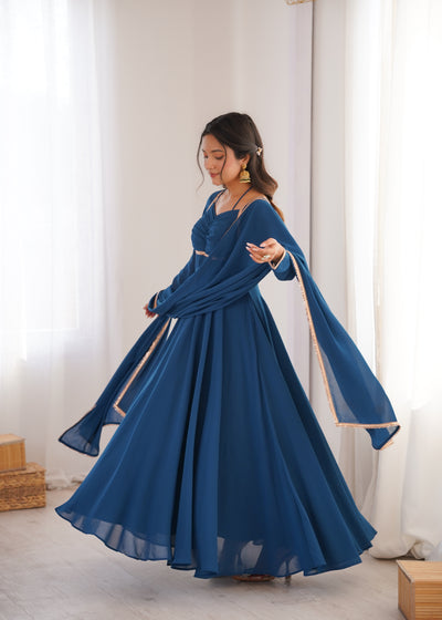 Rama Blue Color Georgette Wear Long Anarkali Gown With Dupatta