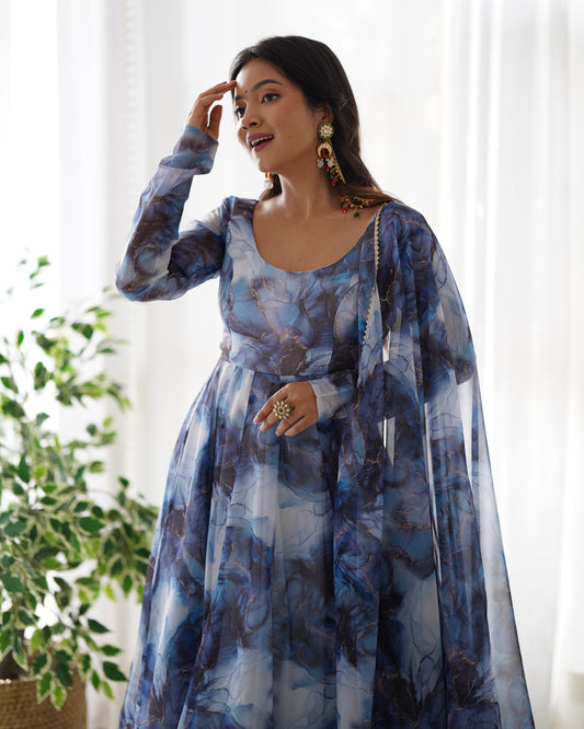 Blue Color Soft Organza Silk With Digital Printed Long Anarkali Suit