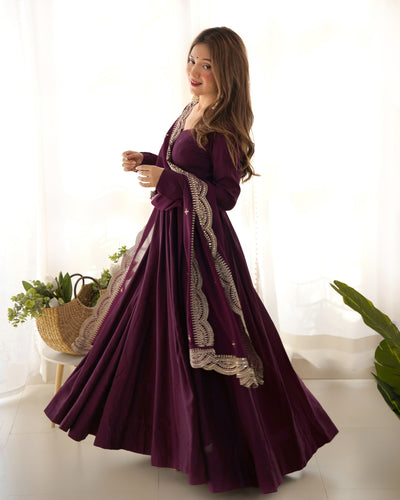Stylish Wine Color Gown With Heavy Dupatta For Wedding