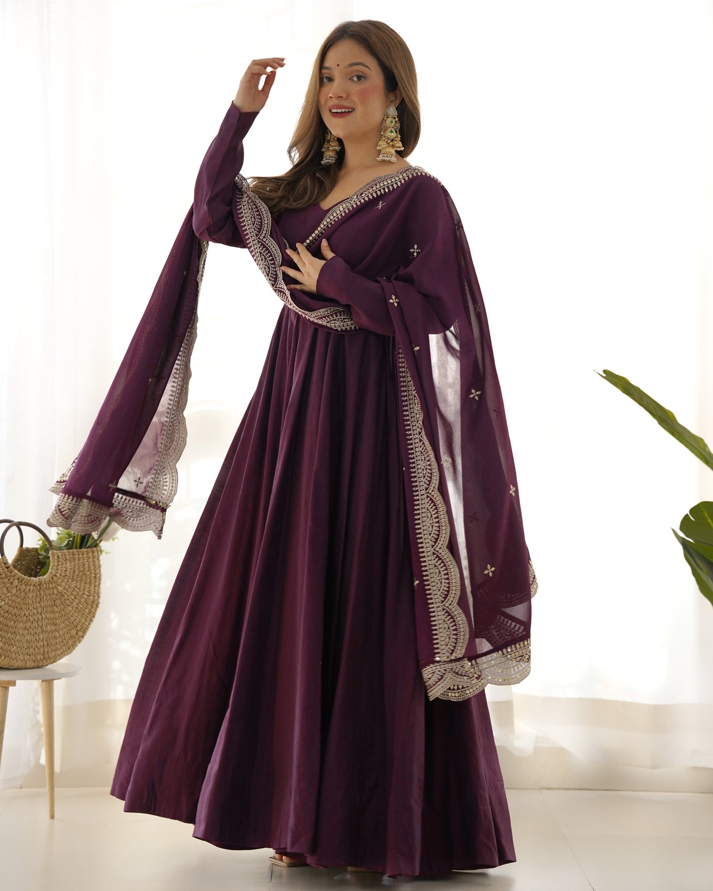 Stylish Wine Color Gown With Heavy Dupatta For Wedding