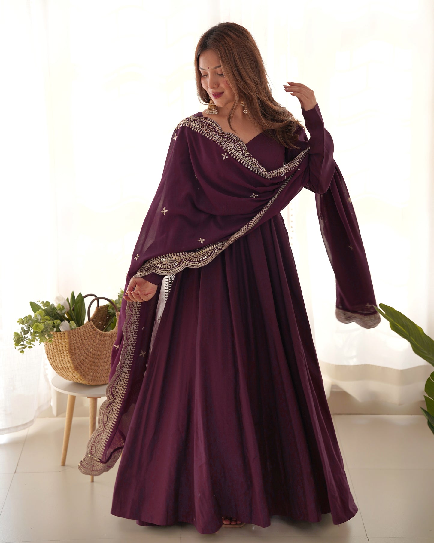 Stylish Wine Color Gown With Heavy Dupatta For Wedding