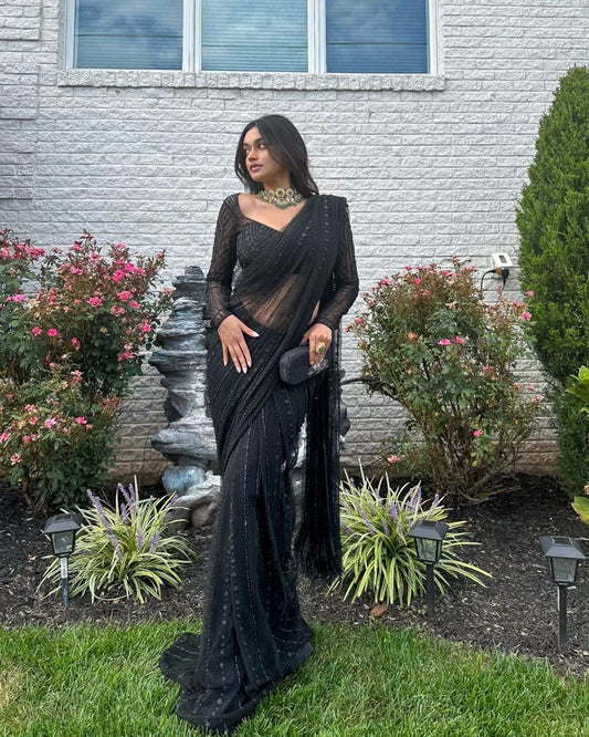 Black Color Georgette With Sequence Work Party Wear Saree