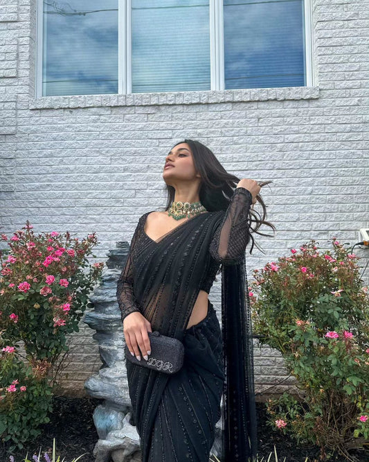 Black Color Georgette With Sequence Work Party Wear Saree