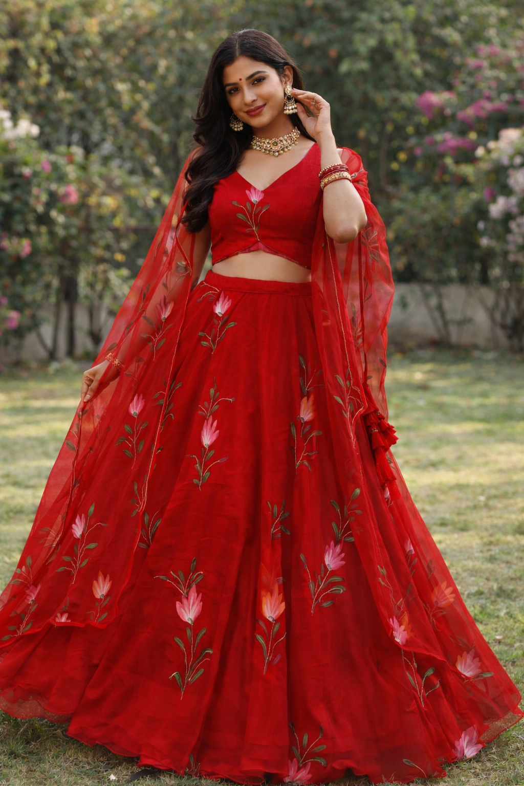 Beautiful Red Color hand Printed Ready To Wear Lehenga Choli