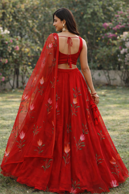 Beautiful Red Color hand Printed Ready To Wear Lehenga Choli